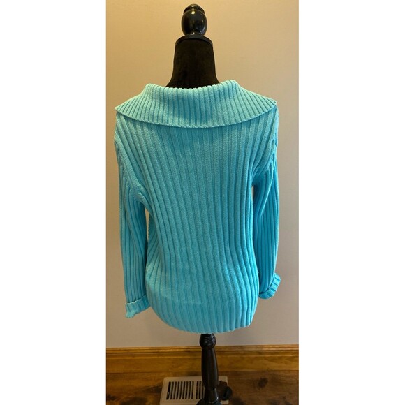 Liz & Co Sweater Size XL Cable & Rib Knit V Neck Collar Pockets Turquoise Blue - Picture 7 of 11